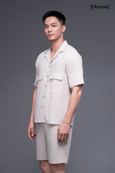 Áo sơ mi nam trắng kem linen ngắn Maxivic