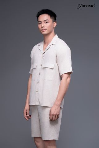 Áo sơ mi nam trắng kem linen ngắn Maxivic