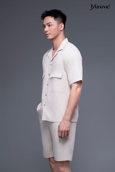Áo sơ mi nam trắng kem linen ngắn Maxivic