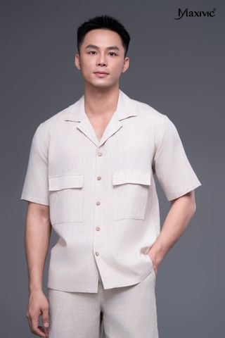 Áo sơ mi nam trắng kem linen ngắn Maxivic
