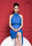 ĐẦM CỔ YÊM, CHIFFON KOREA XANH BIỂN, LA MỘC