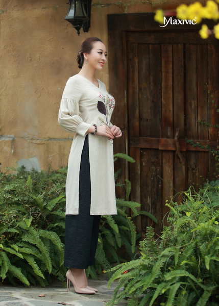 ÁO DÀI MAXIVIC LINEN KEM THÊU HOA TRÁI