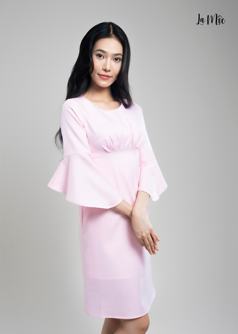 ĐẦM CREP HỒNG TAY LÁ SEN MAXIVIC