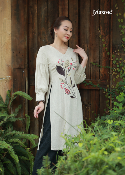ÁO DÀI MAXIVIC LINEN KEM THÊU HOA TRÁI