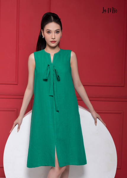 ĐẦM LINEN XANH, DÀNG SUÔNG, NƠ CỔ, MAXIVIC