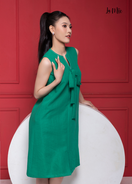 ĐẦM LINEN XANH, DÀNG SUÔNG, NƠ CỔ, MAXIVIC