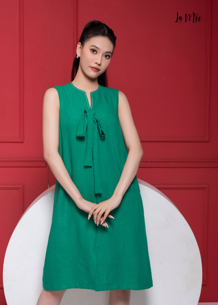 ĐẦM LINEN XANH, DÀNG SUÔNG, NƠ CỔ, MAXIVIC