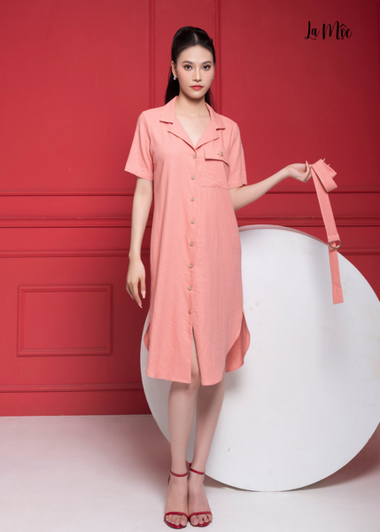 ĐẦM LINEN HỒNG CAM, DÀNG SUÔNG, CỔ DANTON, MAXIVIC