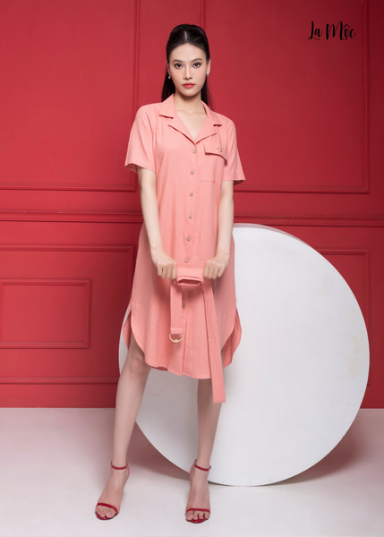 ĐẦM LINEN HỒNG CAM, DÀNG SUÔNG, CỔ DANTON, LA MỘC
