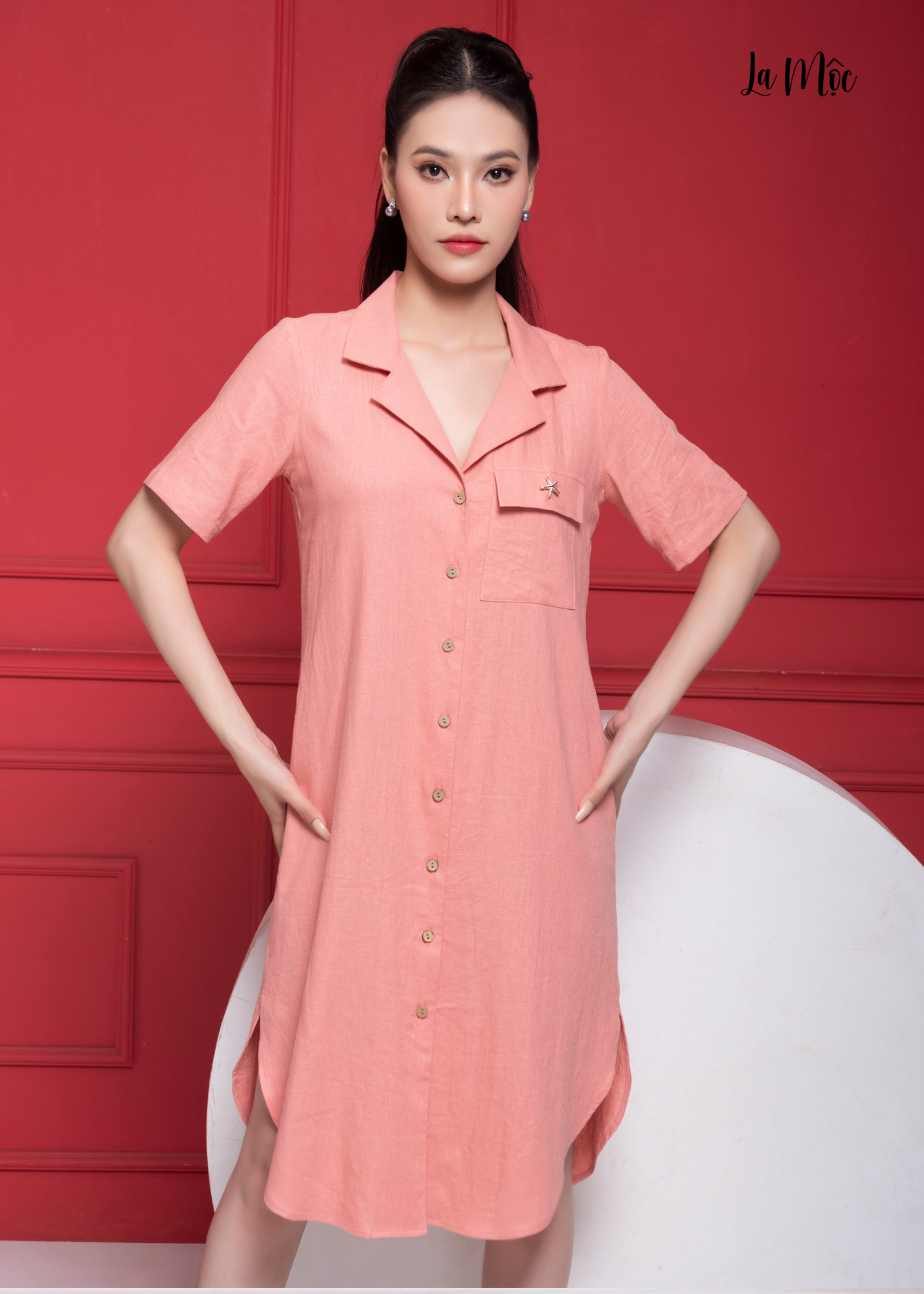  ĐẦM LINEN HỒNG CAM, DÀNG SUÔNG, CỔ DANTON, LA MỘC 