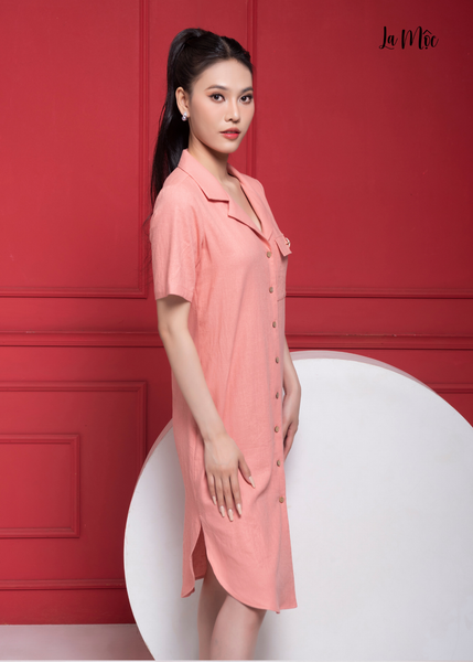 ĐẦM LINEN HỒNG CAM, DÀNG SUÔNG, CỔ DANTON, MAXIVIC