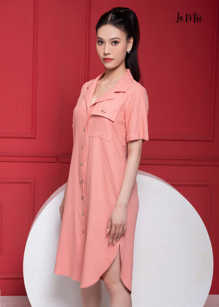 ĐẦM LINEN HỒNG CAM, DÀNG SUÔNG, CỔ DANTON, MAXIVIC