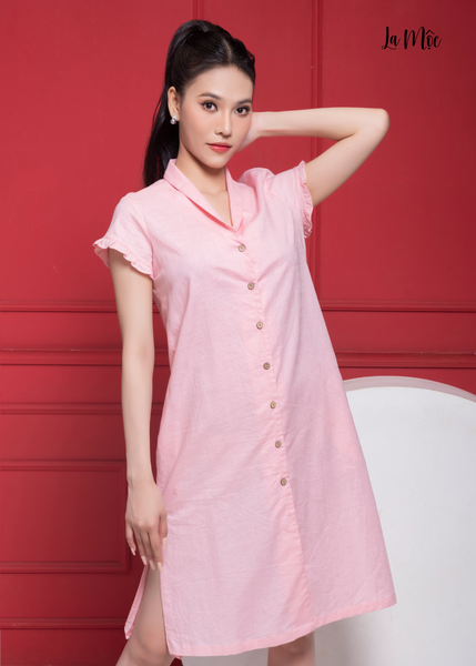 ĐẦM LINEN HỒNG PHẤN, DÁNG SUÔNG, CỒ SAM, MAXIVIC