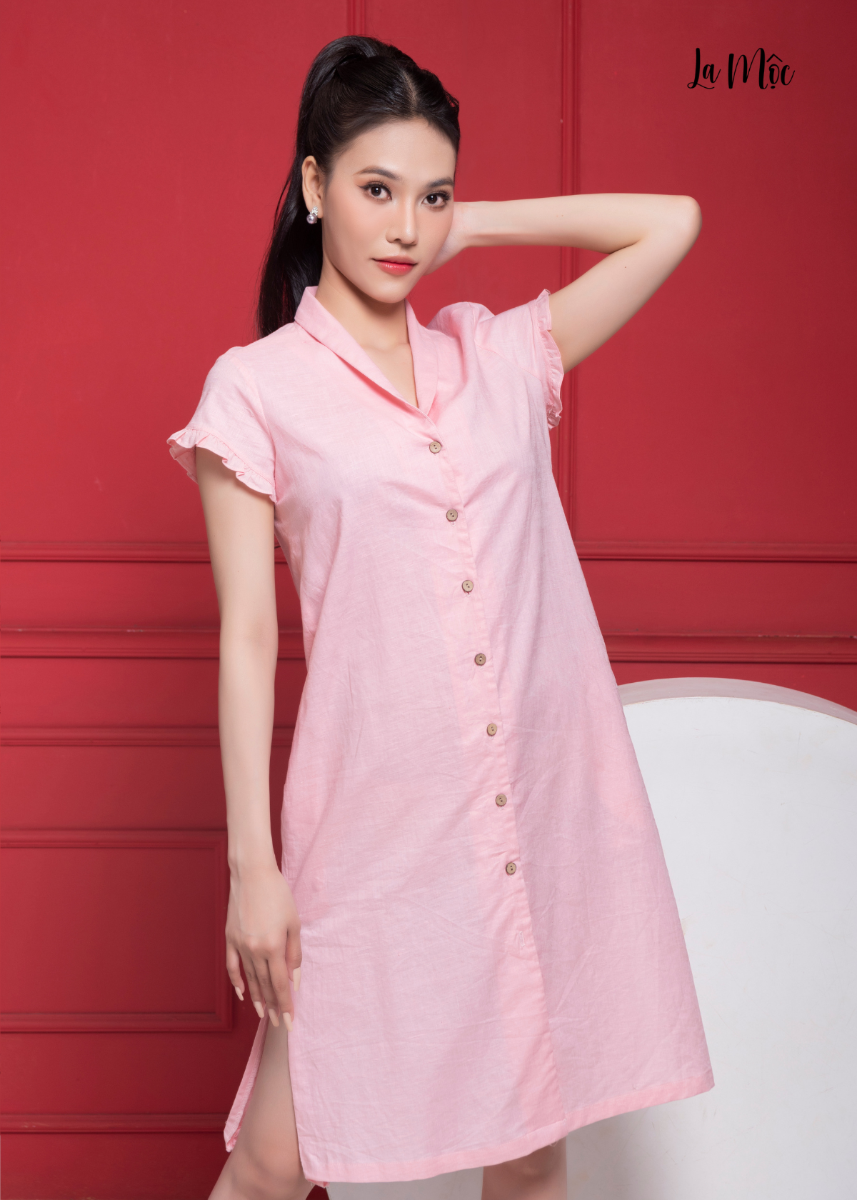  ĐẦM LINEN HỒNG PHẤN, DÁNG SUÔNG, CỒ SAM, LA MỘC 