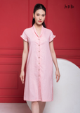 ĐẦM LINEN HỒNG PHẤN, DÁNG SUÔNG, CỒ SAM, LA MỘC