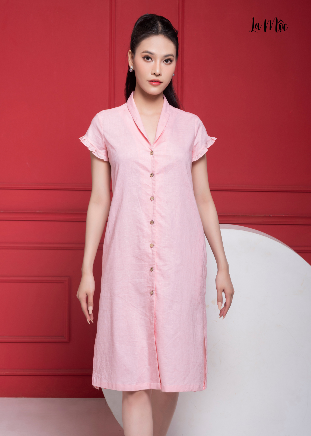 ĐẦM LINEN HỒNG PHẤN, DÁNG SUÔNG, CỒ SAM, LA MỘC – Maxivic Fashion