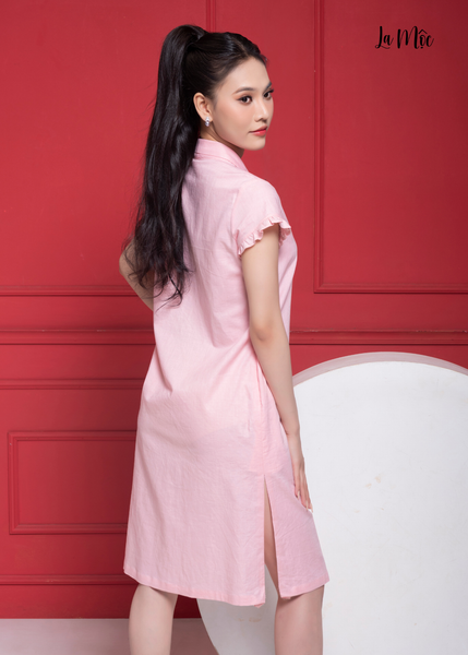 ĐẦM LINEN HỒNG PHẤN, DÁNG SUÔNG, CỒ SAM, MAXIVIC