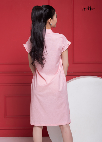ĐẦM LINEN HỒNG PHẤN, DÁNG SUÔNG, CỒ SAM, MAXIVIC