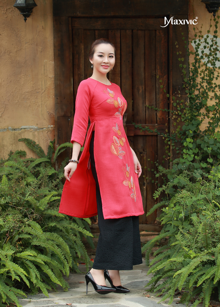 ÁO DÀI LINEN ĐỎ THÊU HOẠ TIẾT HOA
