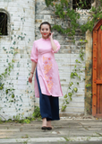 ÁO DÀI LINEN HỒNG THÊU HOẠ TIẾT HOA ĐƯỜNG DIỀM