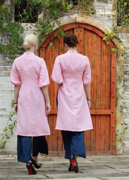 ÁO DÀI LINEN HỒNG THÊU HOẠ TIẾT HOA ĐƯỜNG DIỀM