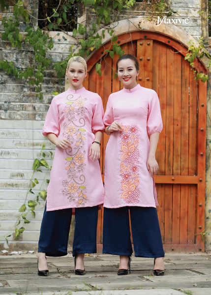 ÁO DÀI LINEN HỒNG THÊU HOẠ TIẾT HOA ĐƯỜNG DIỀM