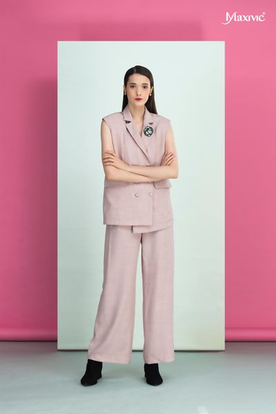 Áo vest hồng cotton bố, cổ đan tông Maxivic