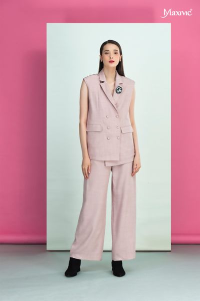 Áo vest hồng cotton bố, cổ đan tông Maxivic