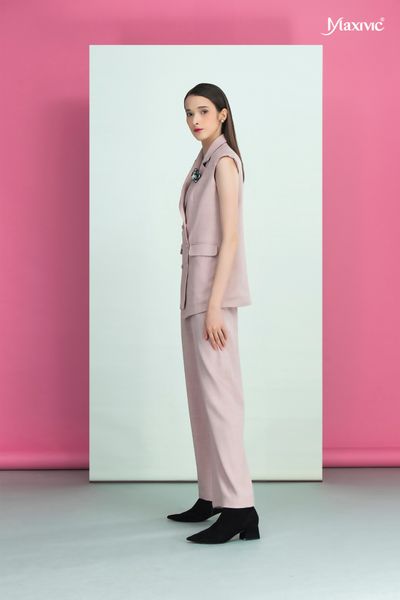 Áo vest hồng cotton bố, cổ đan tông Maxivic