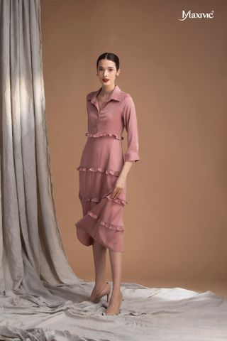 Đầm sơmi lụa hồng nhún tay Maxivic