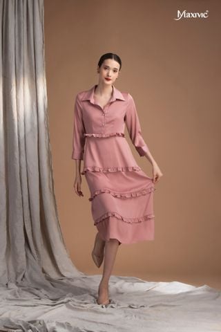 Đầm sơmi lụa hồng nhún tay Maxivic