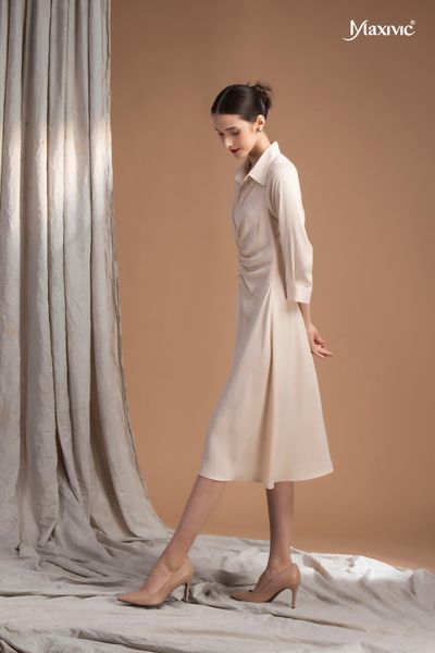 Đầm sơmi lụa tăm, nhún eo Maxivic