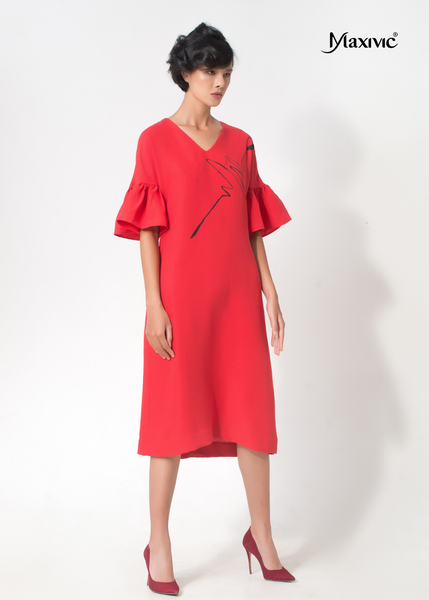 ĐẦM LINEN ĐỎ TAY XOÈ DÁNG SUÔNG