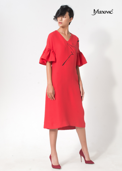 ĐẦM LINEN ĐỎ TAY XOÈ DÁNG SUÔNG