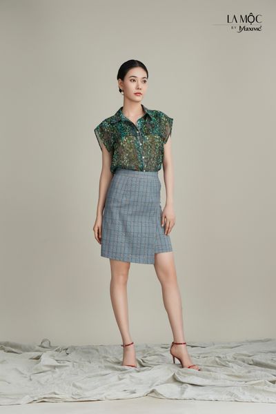 Áo sơmi hải quân chiffon hoa xanh Maxivic