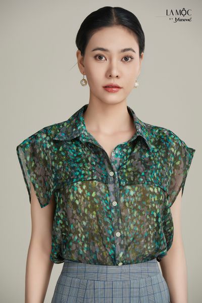 Áo sơmi hải quân chiffon hoa xanh La Mộc