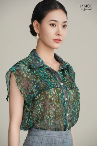 Áo sơmi hải quân chiffon hoa xanh Maxivic