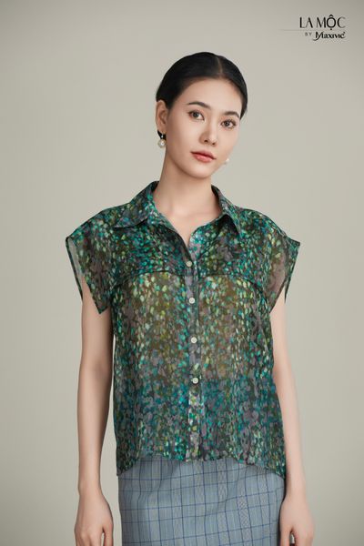 Áo sơmi hải quân chiffon hoa xanh Maxivic
