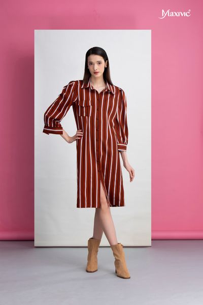 Đầm sơmi sọc nâu Maxivic