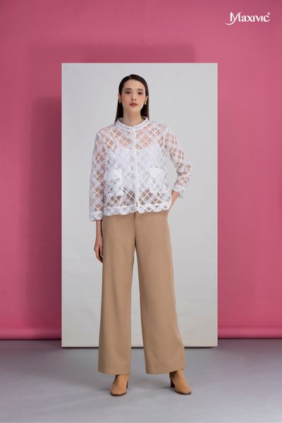 Áo sơmi ren organza cổ trụ Maxivic