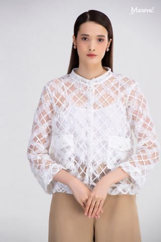 Áo sơmi ren organza cổ trụ Maxivic