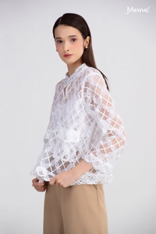 Áo sơmi ren organza cổ trụ Maxivic