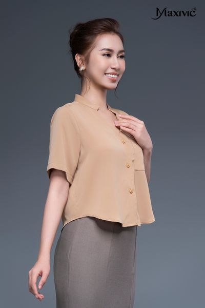 Áo sơmi cổ đứng màu nâu Maxivic