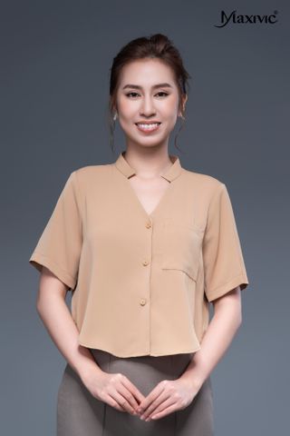 Áo sơmi cổ đứng màu nâu Maxivic