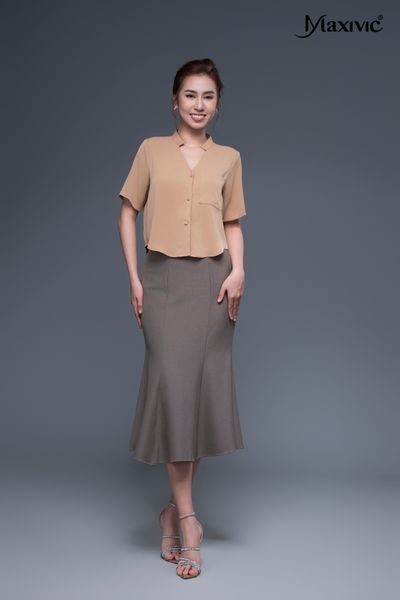 Áo sơmi cổ đứng màu nâu Maxivic