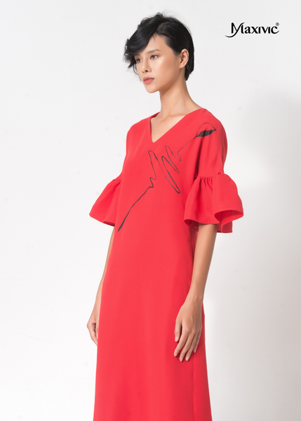 ĐẦM LINEN ĐỎ TAY XOÈ DÁNG SUÔNG