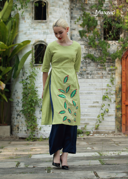 ÁO DÀI LINEN XANH THÊU HOẠ TIẾT LÁ