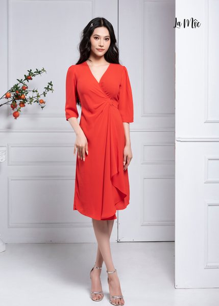 ĐẦM CAM ĐỎ CỔ TIM, KHOÁ TRÒN EO MAXIVIC