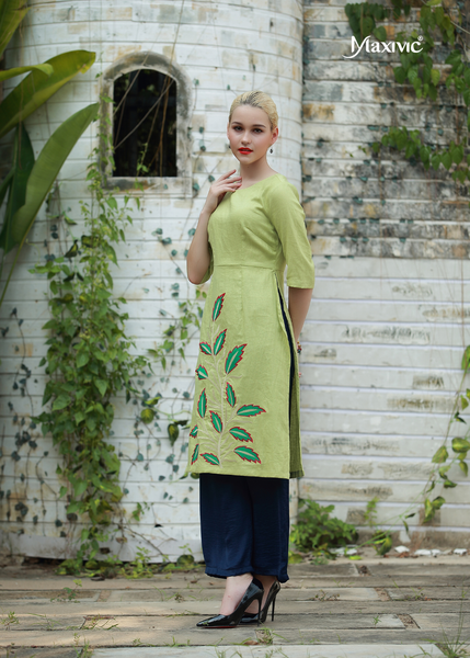 ÁO DÀI LINEN XANH THÊU HOẠ TIẾT LÁ