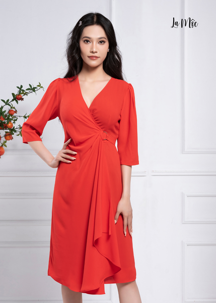 ĐẦM CAM ĐỎ CỔ TIM, KHOÁ TRÒN EO MAXIVIC